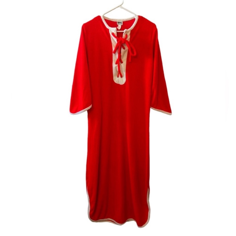 SALE Montgomery Ward Vintage 70s Terrycloth Robe Kaftan Beach Coverup Red Boho M